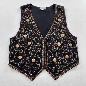 VTG Fiber Optics Beaded Vest Womens Large Black Brown Cotton Western Artsy